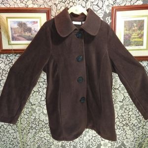 Susan Graver brown jacket trench length fleece unique buttons inverted pleat